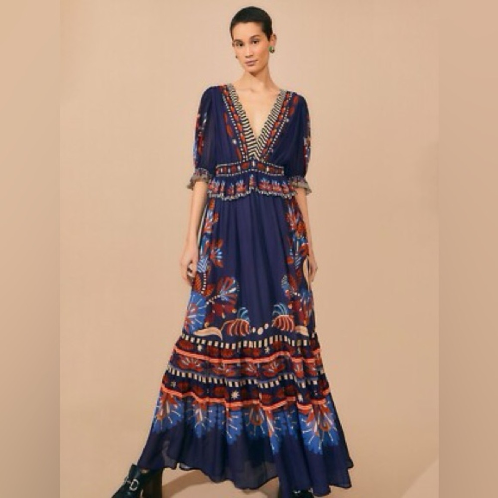 FARM Rio Navy Blue Floral Maxi Dress with Red & Light Blue Accents
